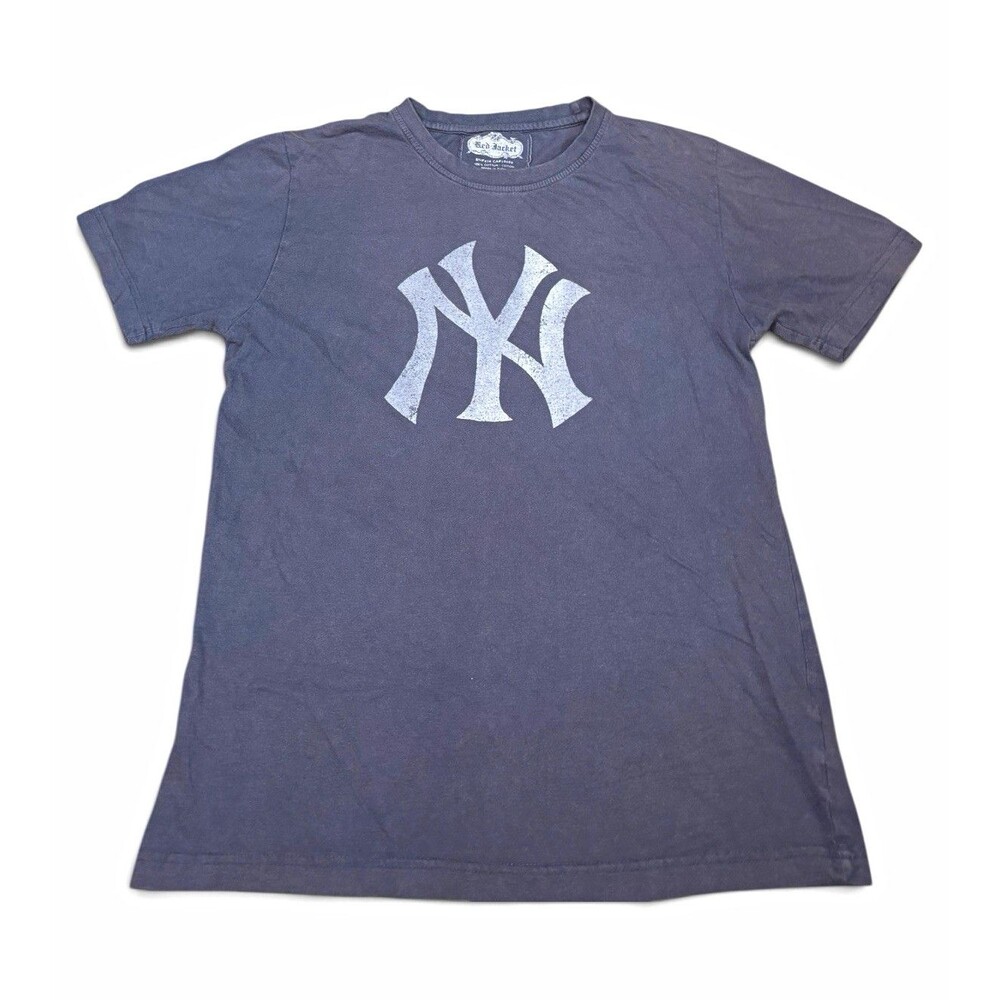 VTG Red Jacket New York Yankees T Shirt Mens Small Blue Faded Distressed NY Logo